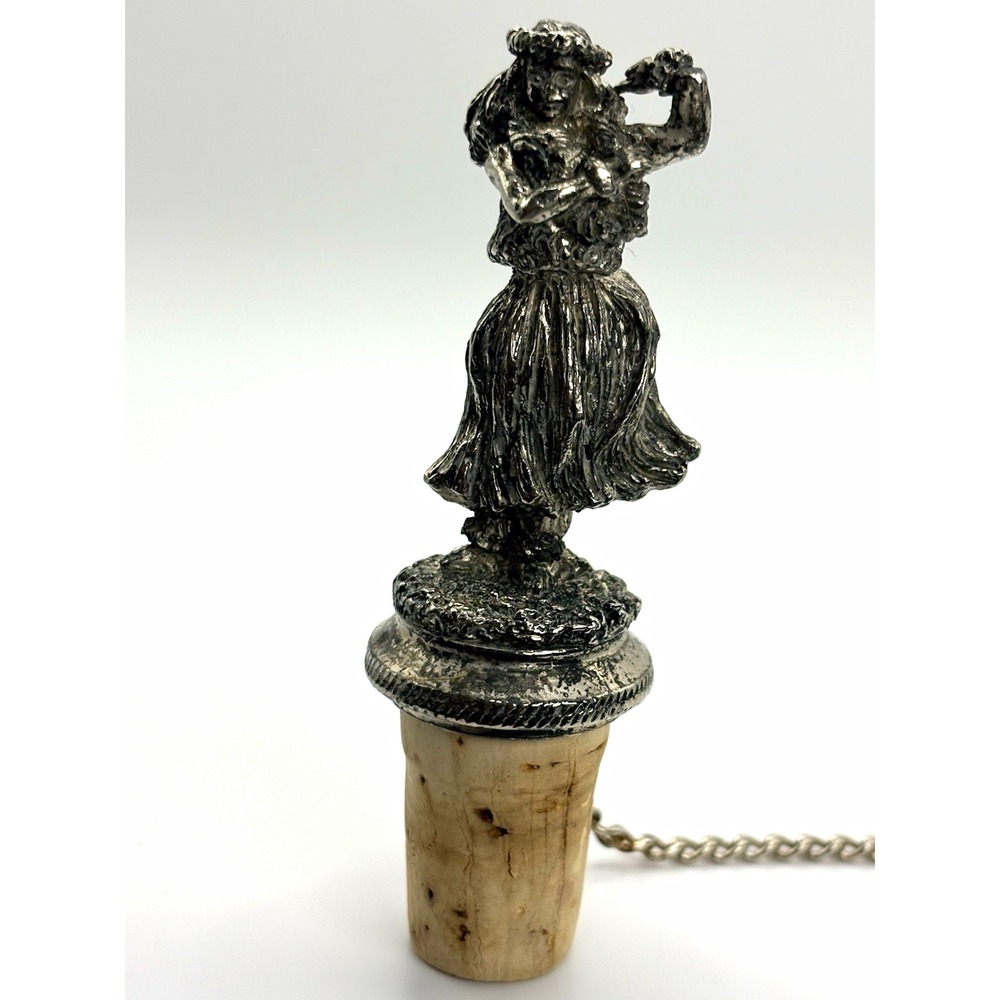Vintage/Retro Metal & Cork Hula Girl Bottle Stopper w/ Chain Silver Beige